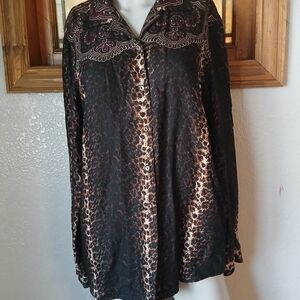 Vintage 90s Sharon Young Animal Print Blouse Button Down Shirt, Western, Sz6